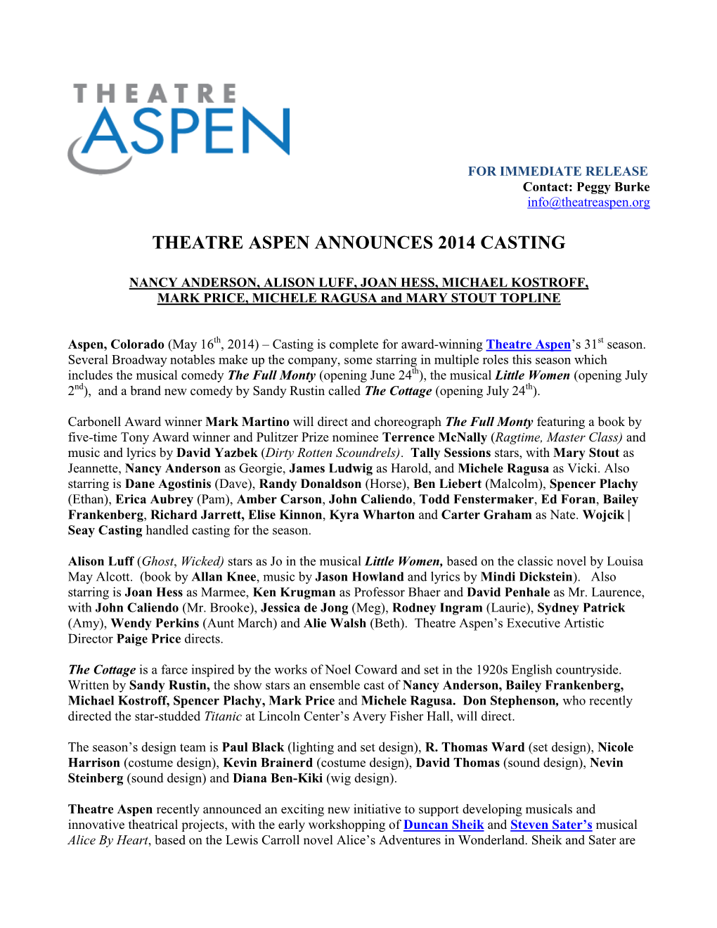 Theatre Aspen Announces 2014 Casting