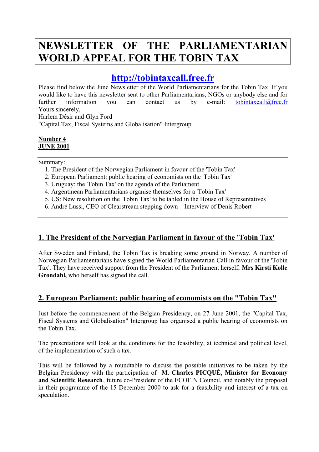 Newsletter of the Parliamentarian World