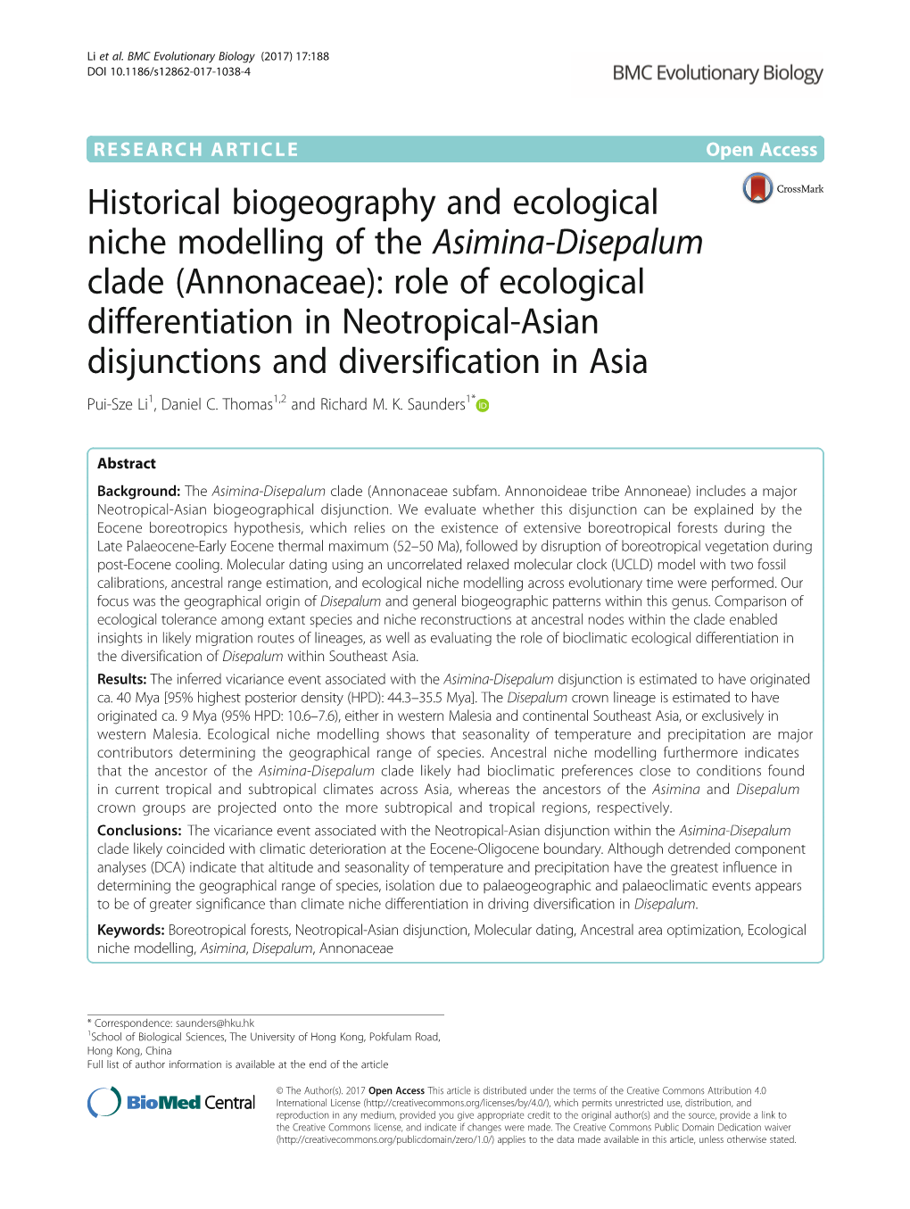 (Annonaceae): Role of Ecological Differentiation in Neotropical-Asian Disjunctions and Diversification in Asia Pui-Sze Li1, Daniel C