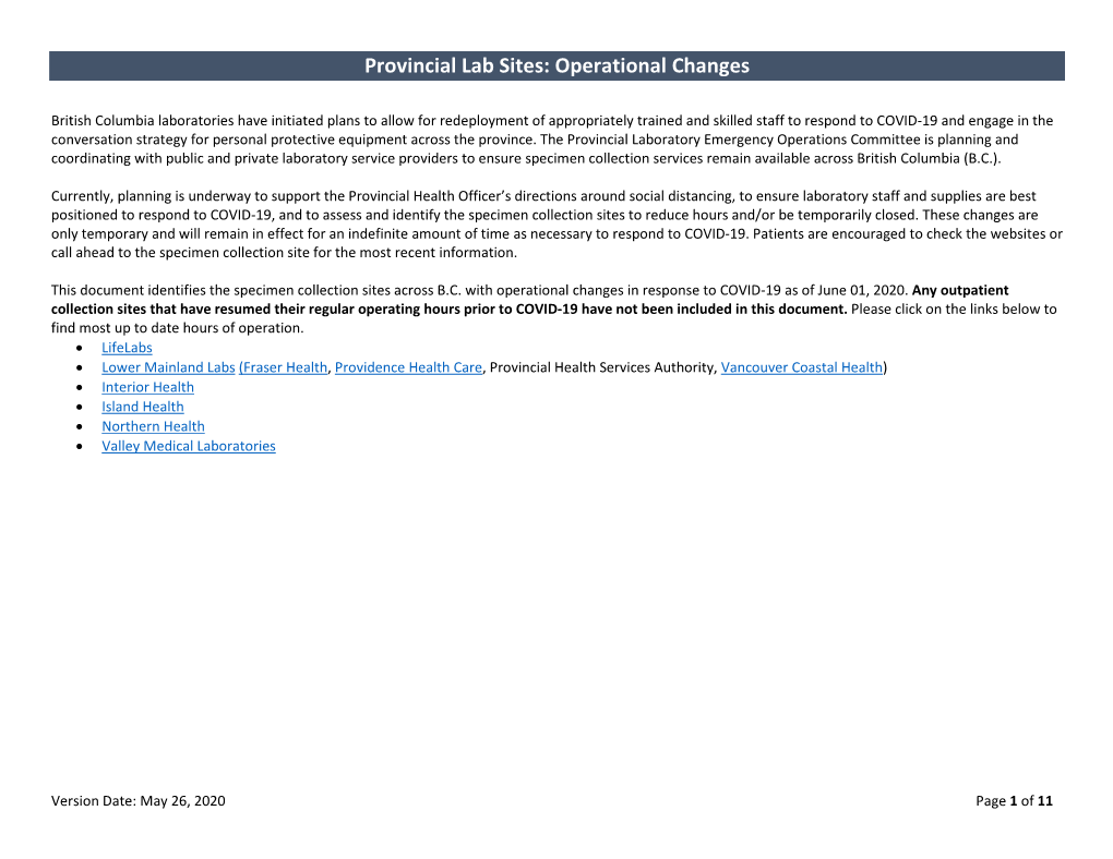 Provincial Lab Sites: Operational Changes