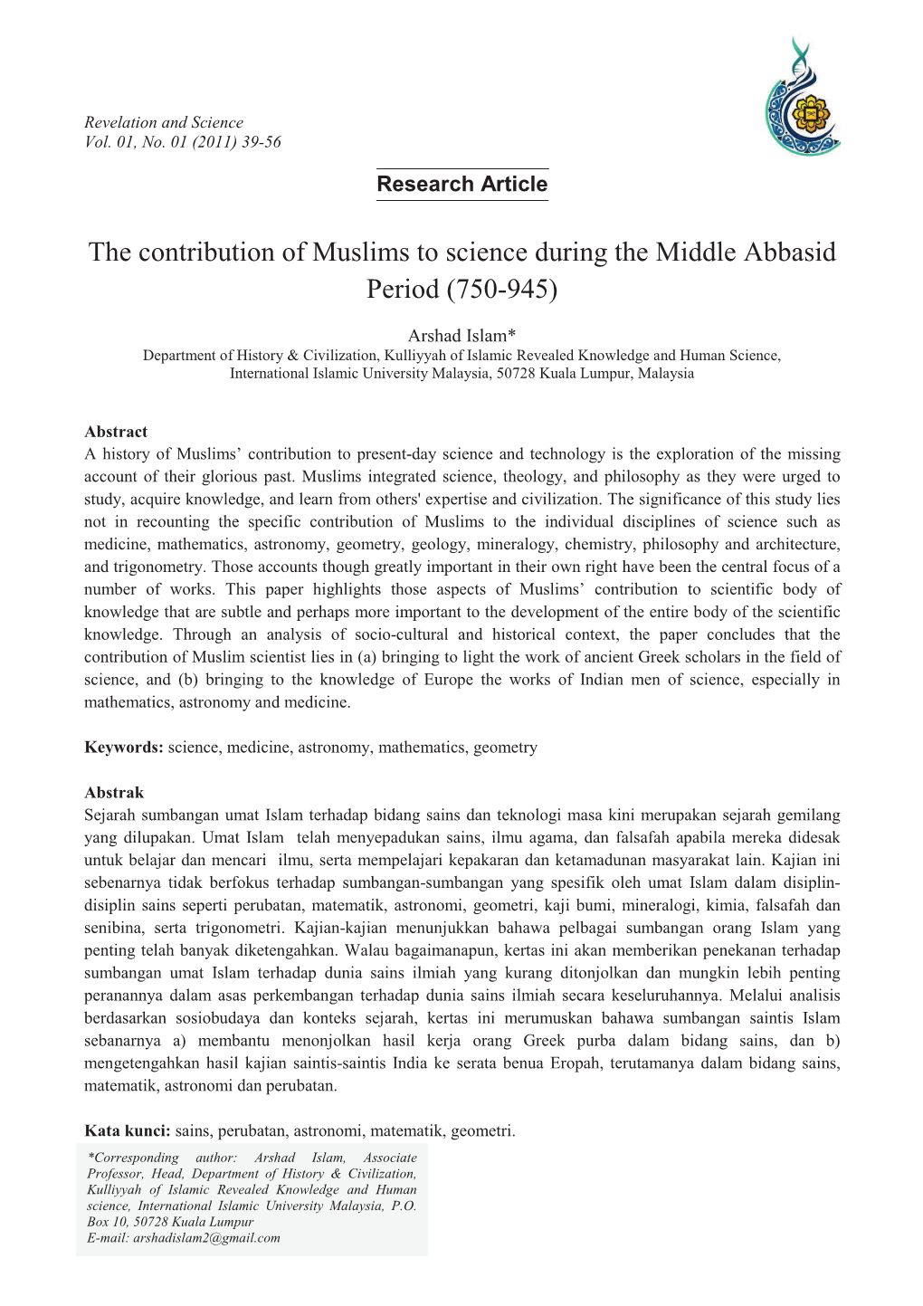 The Contribution of Muslims to Science During the Middle Abbasid Period (750-945)