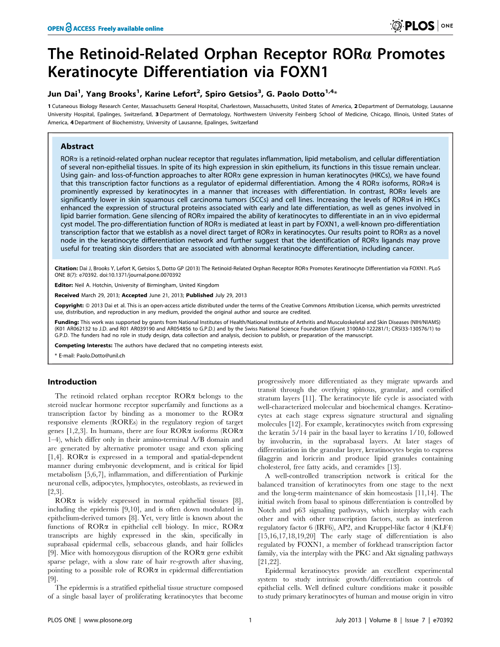 The Retinoid-Related Orphan Receptor Rora Promotes Keratinocyte Differentiation Via FOXN1