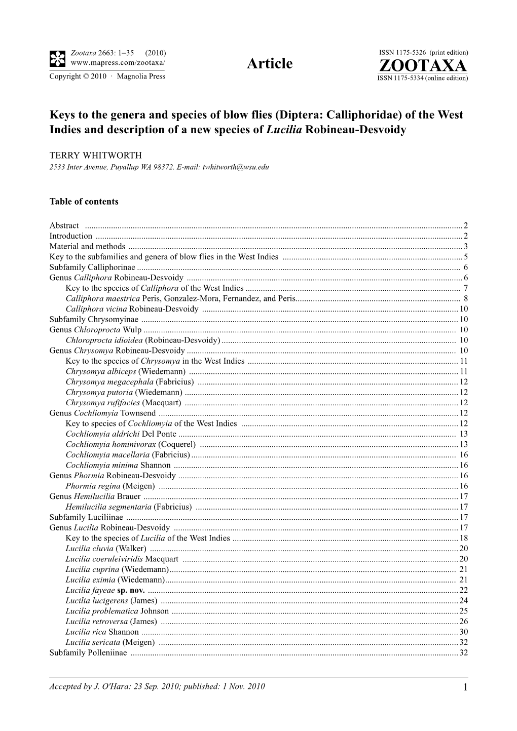 Keys to the Genera and Species of Blow Flies (Diptera: Calliphoridae) of the West Indies and Description of a New Species of Lucilia Robineau-Desvoidy