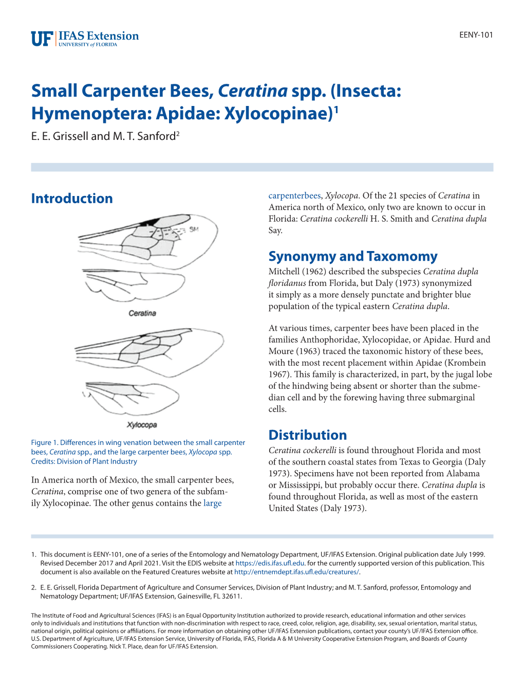 Small Carpenter Bees, Ceratina Spp. (Insecta: Hymenoptera: Apidae: Xylocopinae)1 E