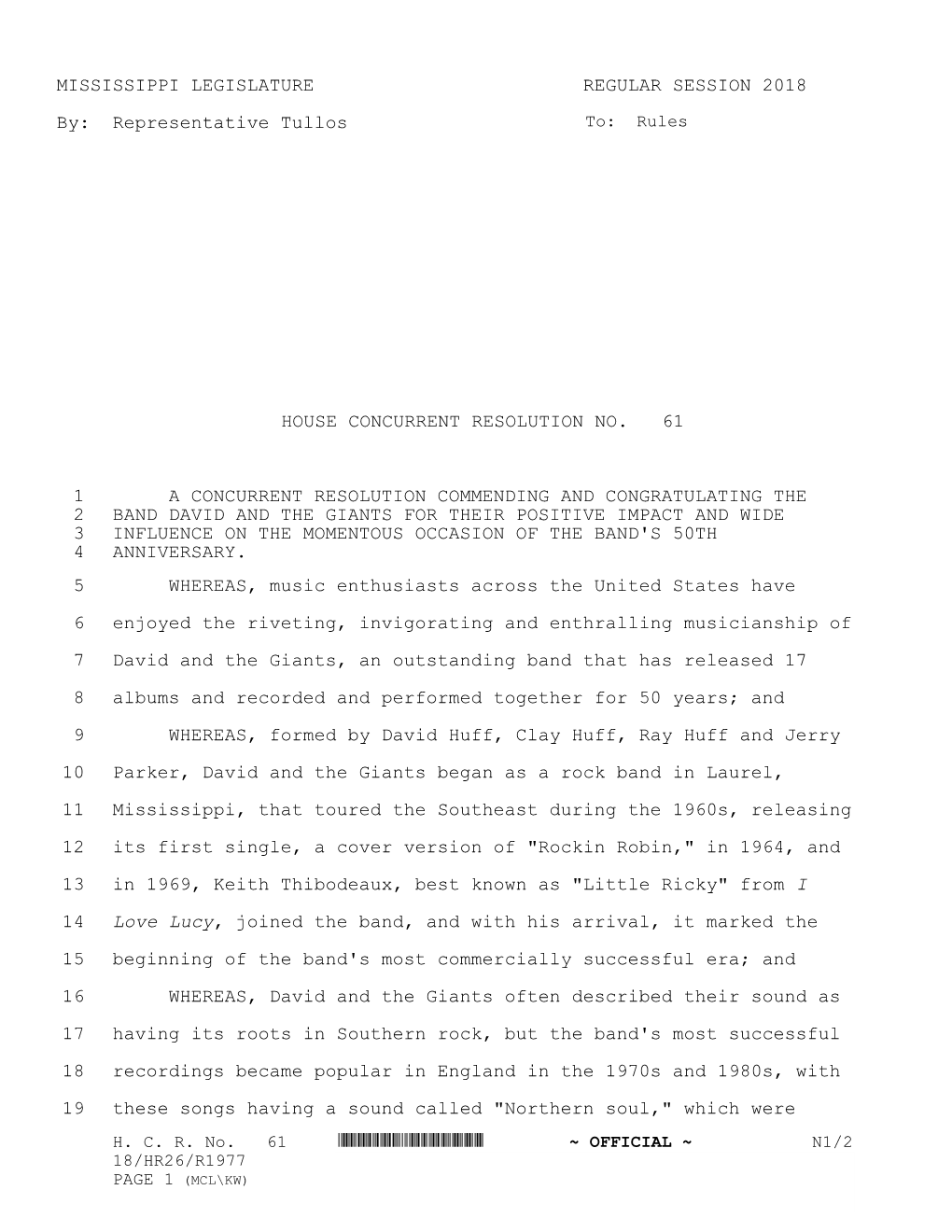 MISSISSIPPI LEGISLATURE REGULAR SESSION 2018 By