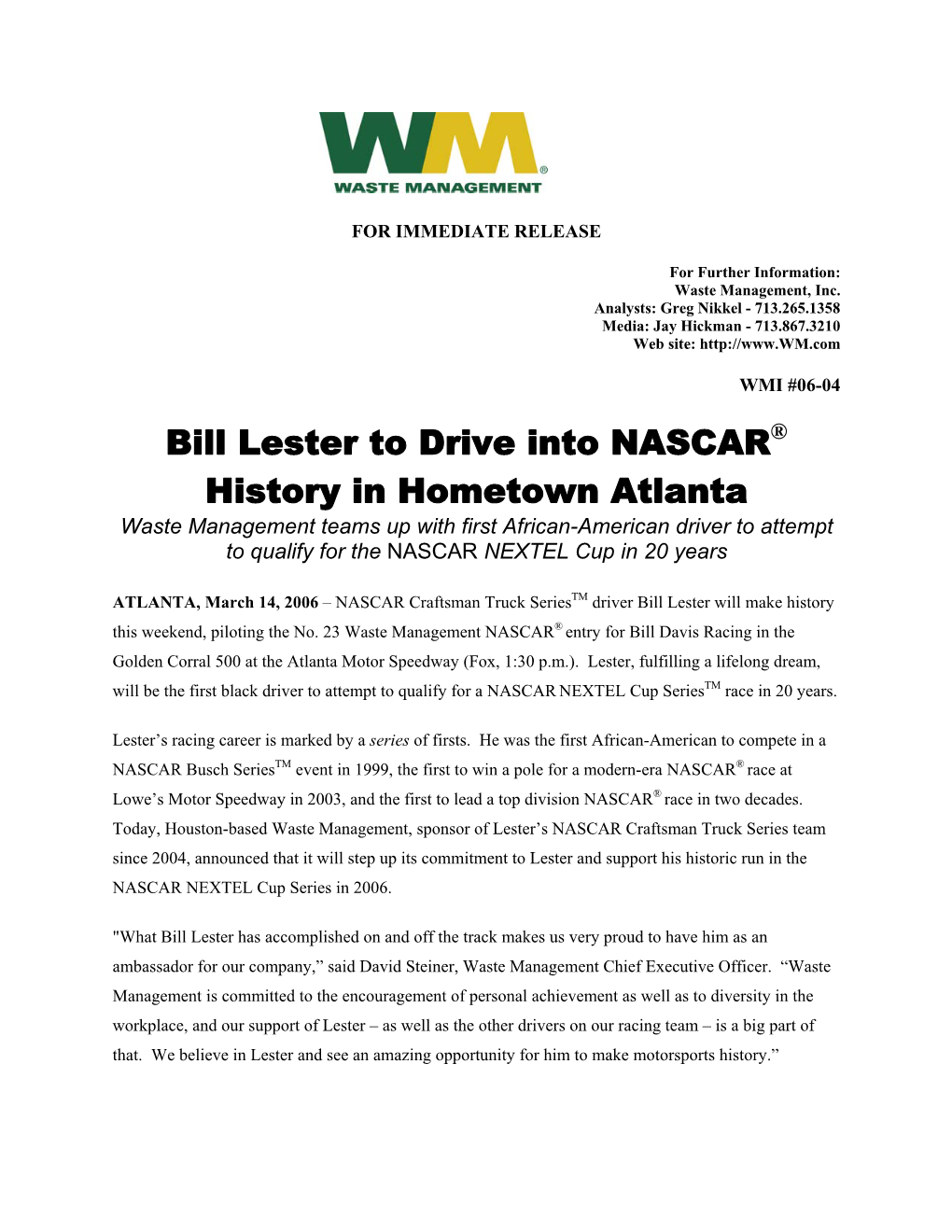 Bill Lester to Drive Into NASCAR® History in Hometown Atlanta