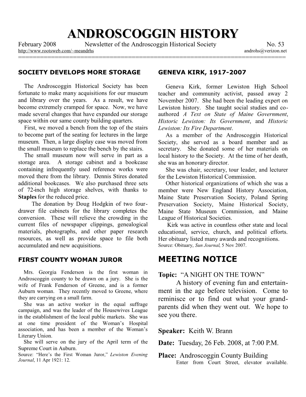 February 2008 Newsletter of the Androscoggin Historical Society No