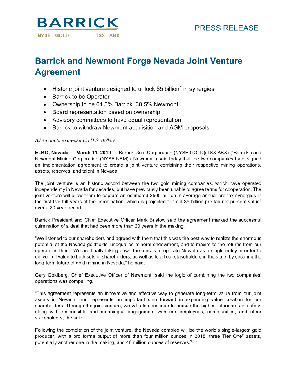 Barrick and Newmont Forge Nevada Joint Venture Agreement