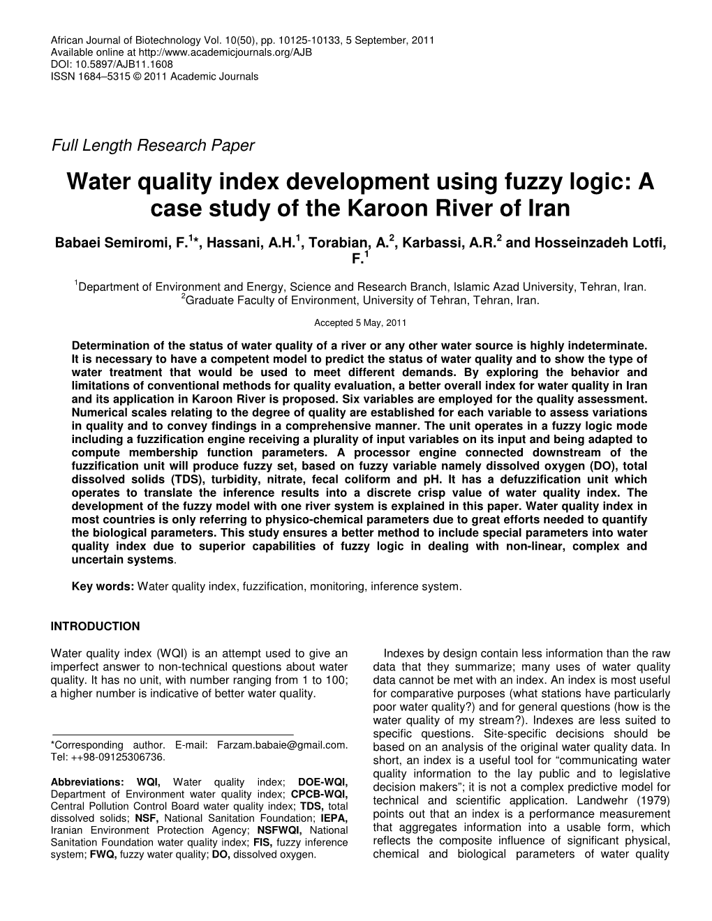 Water Quality Index Development Using Fuzzy Logic: a Case Study of the Karoon River of Iran