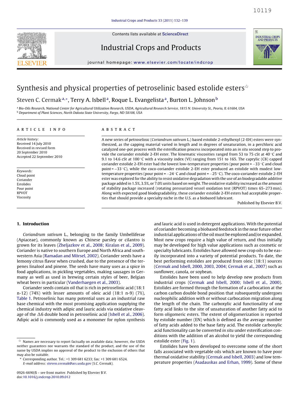 Synthesis and Physical Properties of Petroselinic Based Estolide Estersଝ