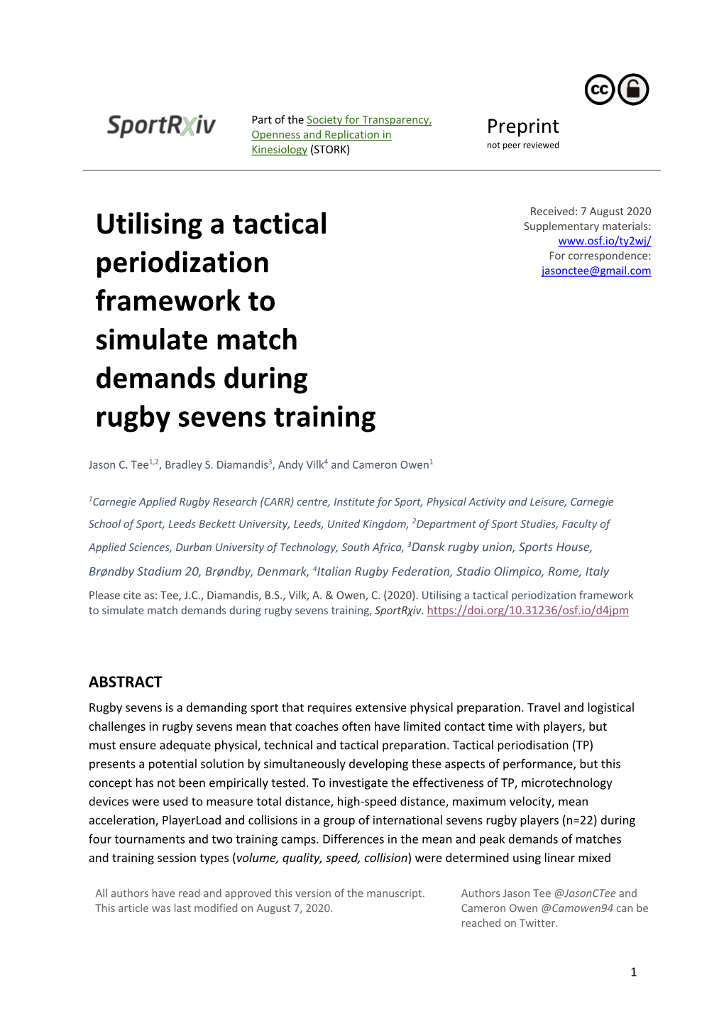 Tactical Periodization Pre-Print with Doi (Sportrxiv Format)