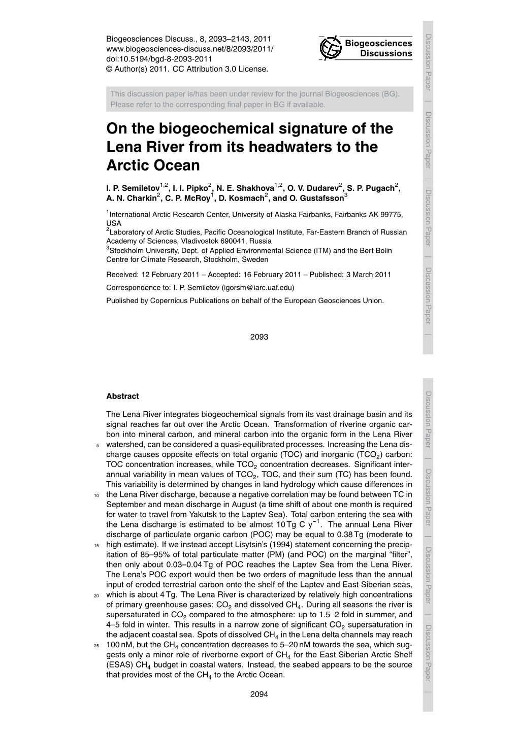 On the Biogeochemical Signature of the Lena River from Its Headwaters