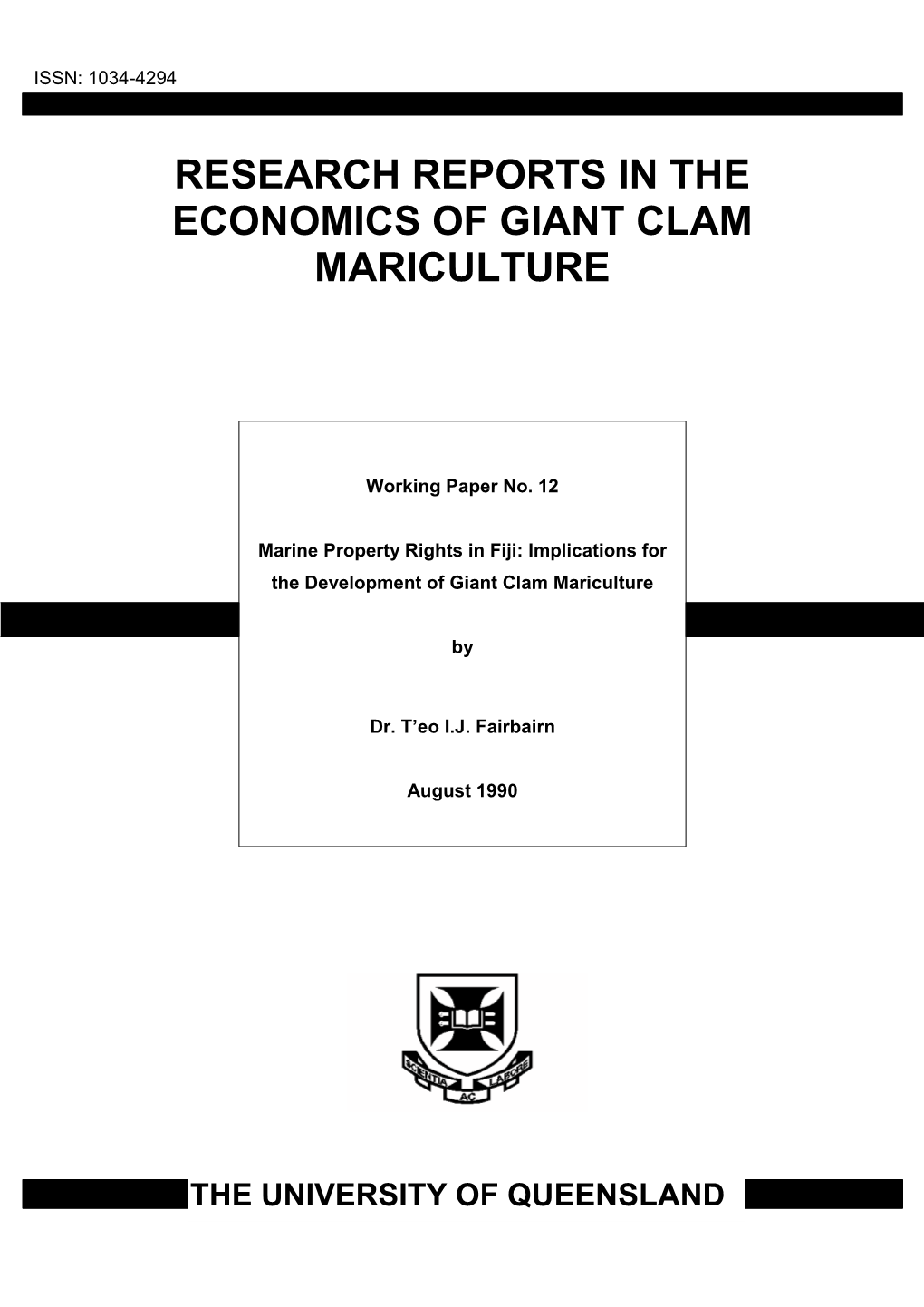 Research Reports in the Economics of Giant Clam