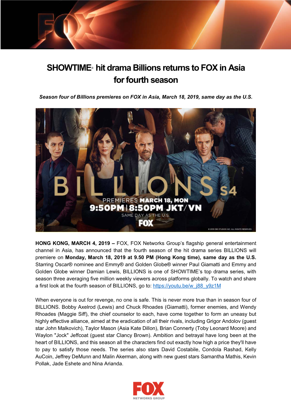 SHOWTIME® Hit Drama Billions Returns to FOX in Asia for Fourth Season