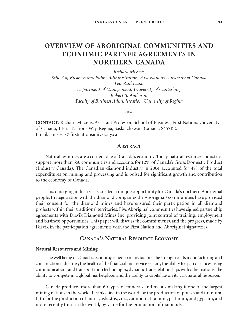 Overview of Aboriginal Communities and Economic