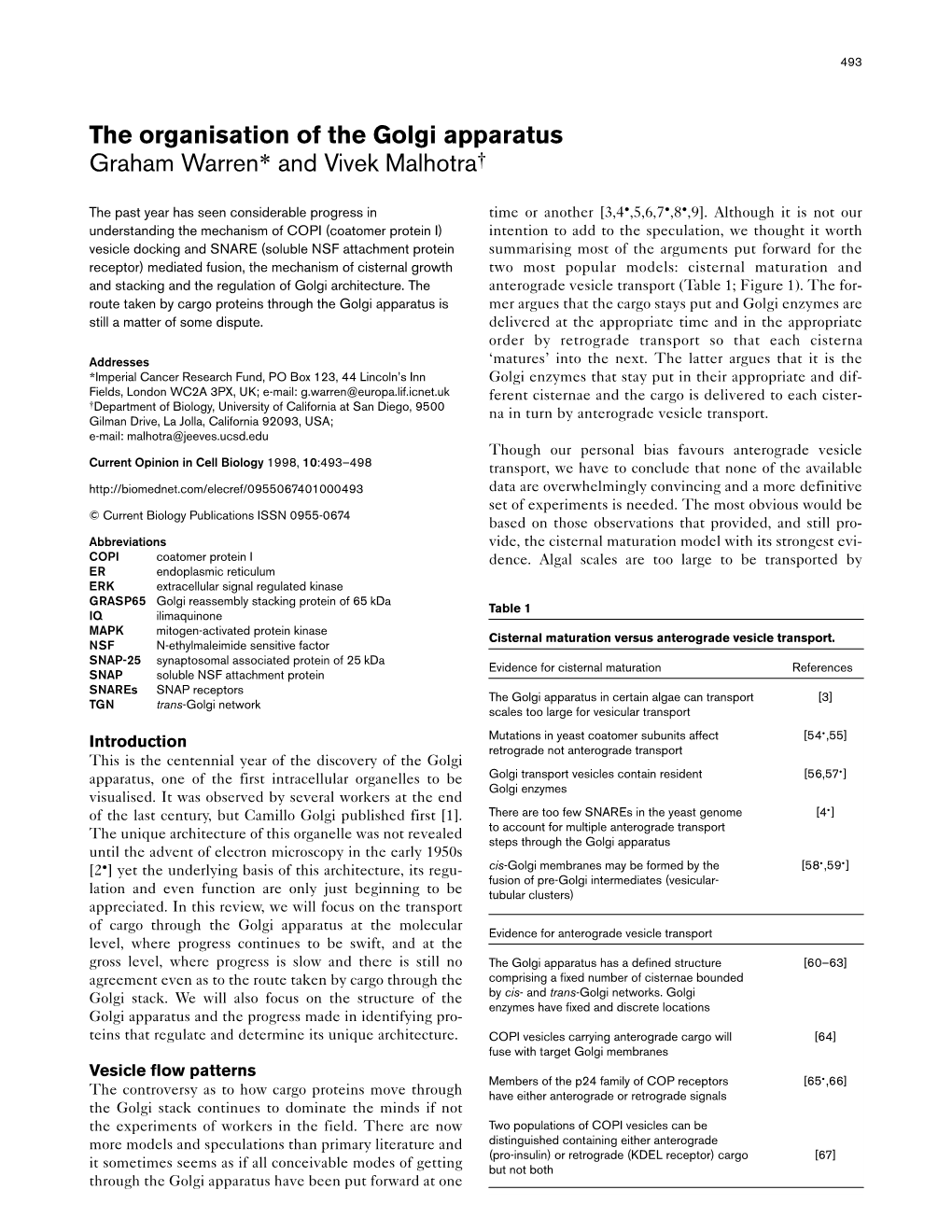 The Organisation of the Golgi Apparatus Graham Warren* and Vivek Malhotra†