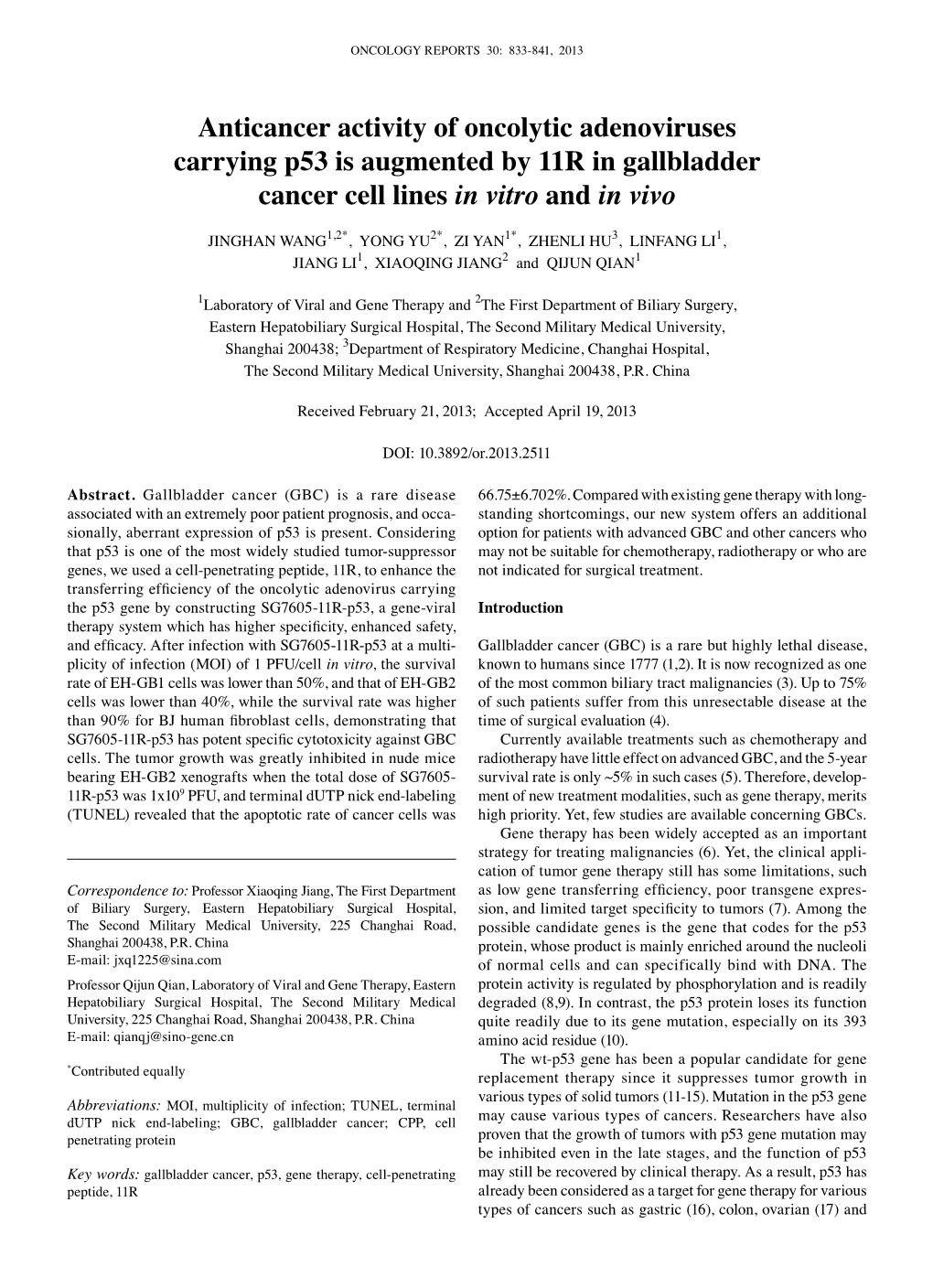 Anticancer Activity of Oncolytic Adenoviruses Carrying P53 Is Augmented by 11R in Gallbladder Cancer Cell Lines in Vitro and in Vivo