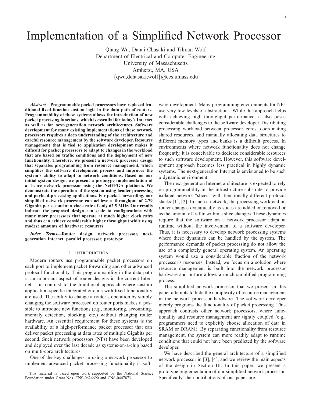 Implementation of a Simplified Network Processor