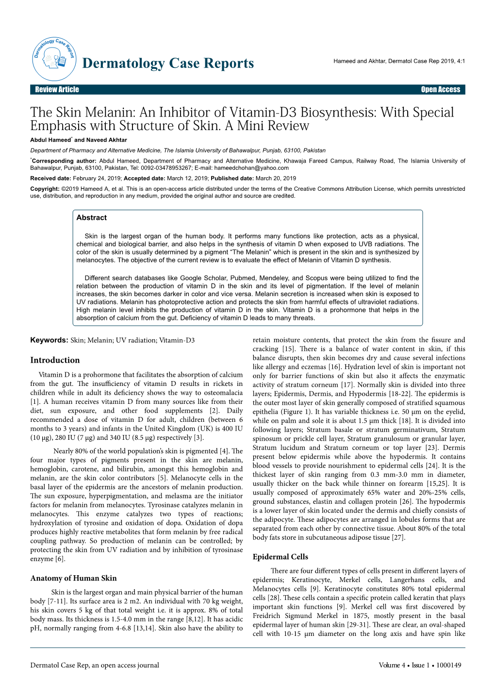 The Skin Melanin: an Inhibitor of Vitamin-D3 Biosynthesis: with Special Emphasis with Structure of Skin