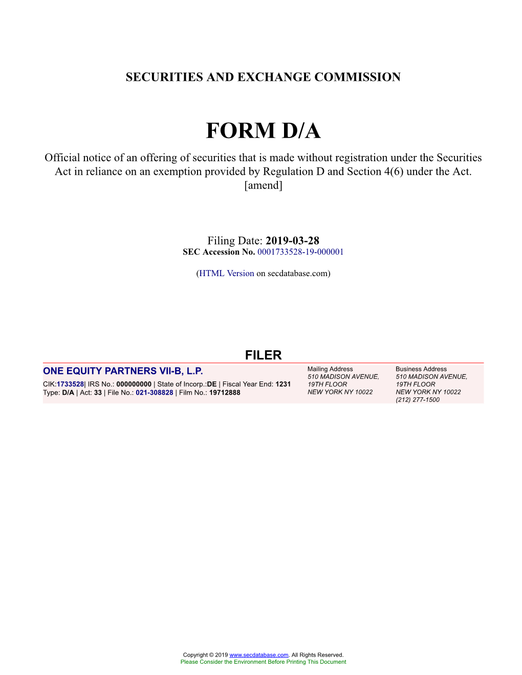 ONE EQUITY PARTNERS VII-B, L.P. Form D/A Filed 2019-03-28