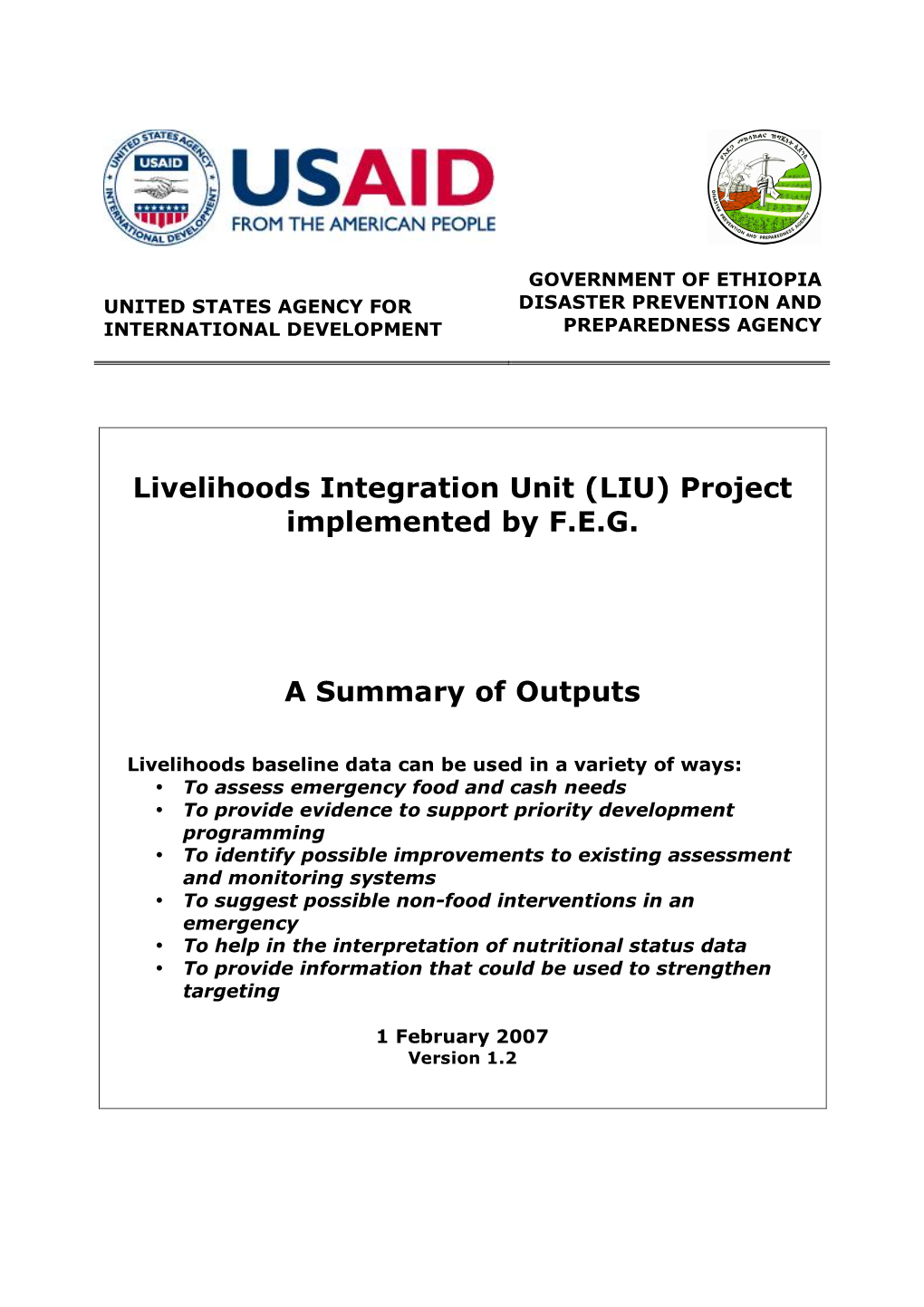 Livelihoods Integration Unit (LIU) Project Implemented by F.E.G. A