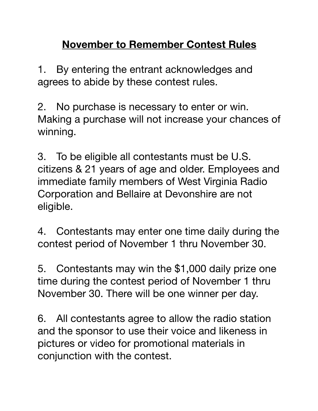November to Remember Contest Rules
