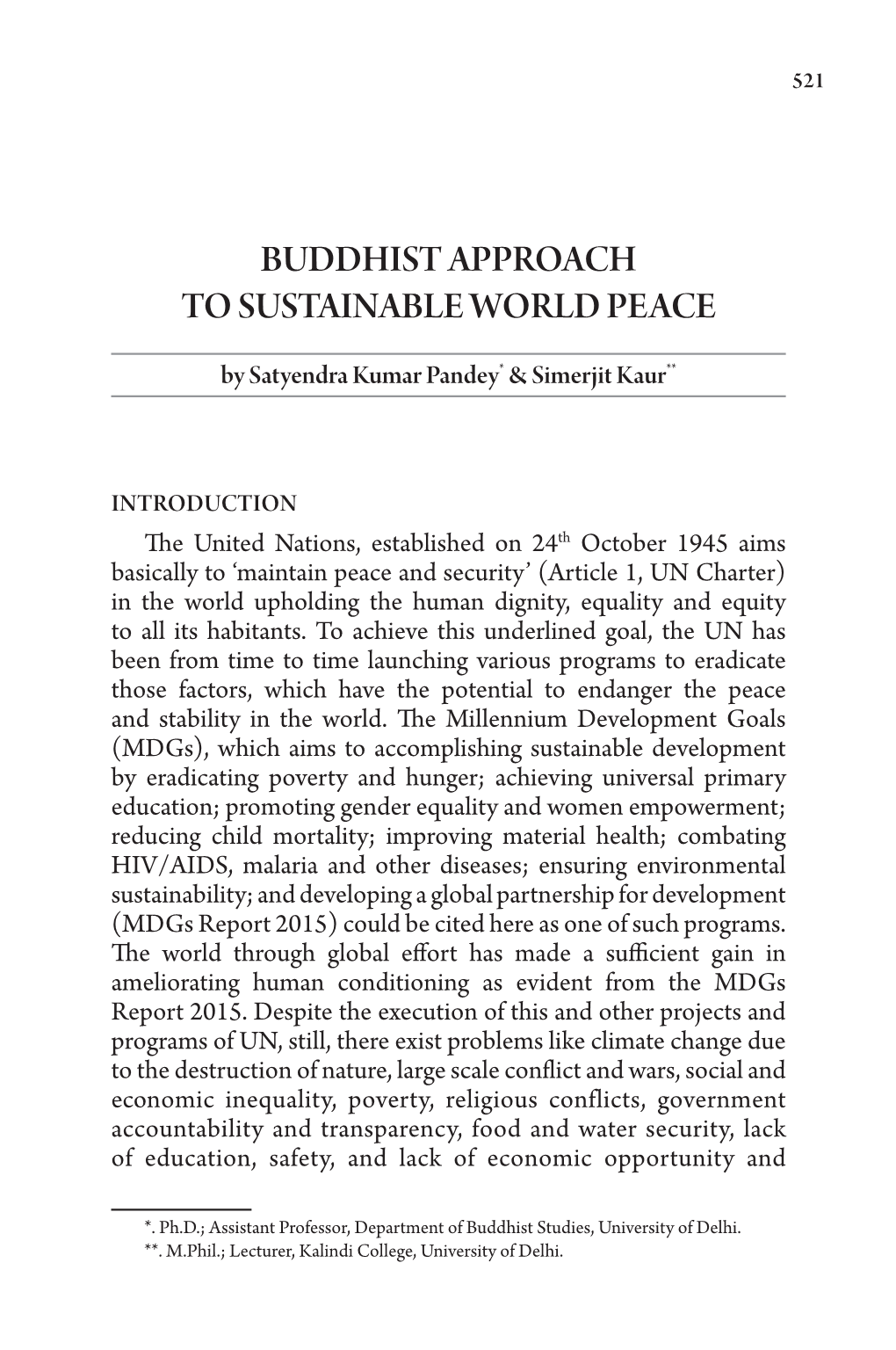 Buddhist Approach to Sustainable World Peace