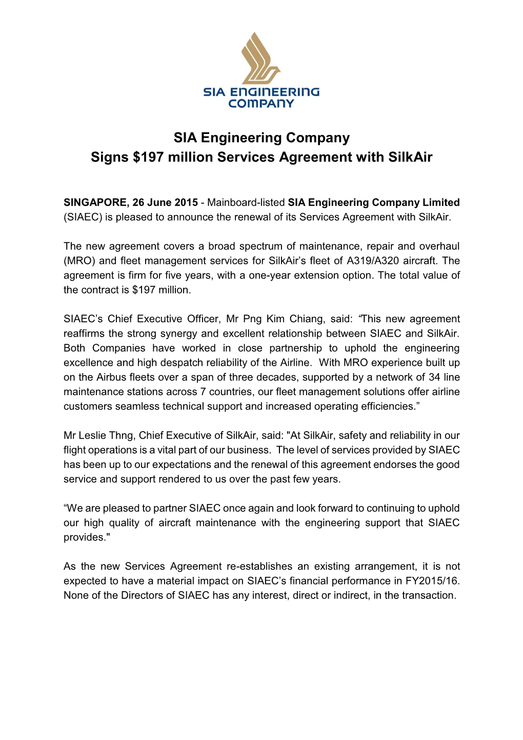 SIA Engineering Company Signs $197 Million Services Agreement with Silkair