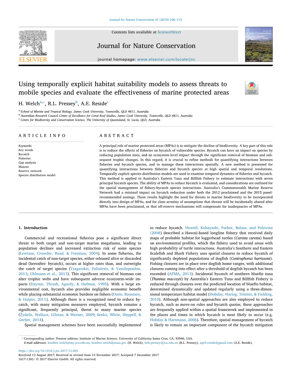 Using Temporally Explicit Habitat Suitability Models to Assess Threats to T Mobile Species and Evaluate the Eﬀectiveness of Marine Protected Areas ⁎ H