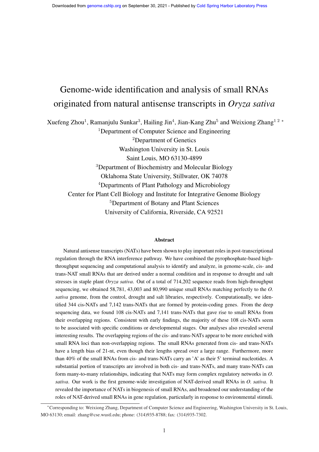 Genome-Wide Identification and Analysis of Small Rnas Originated from Natural Antisense Transcripts in Oryza Sativa