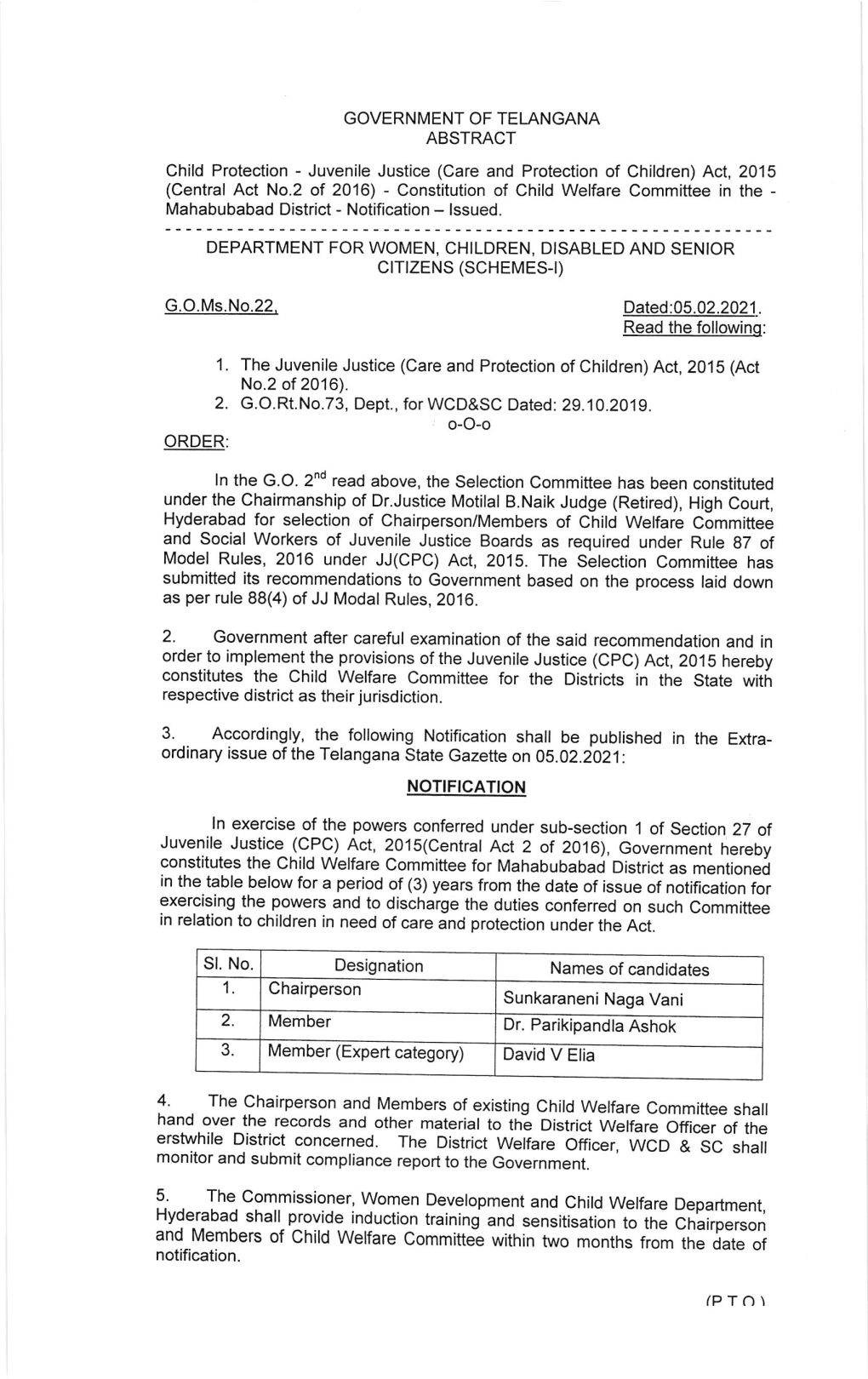 Constitutes the Child Welfare Committee for the Districts in the State with Respective District As Their Jurisdiction