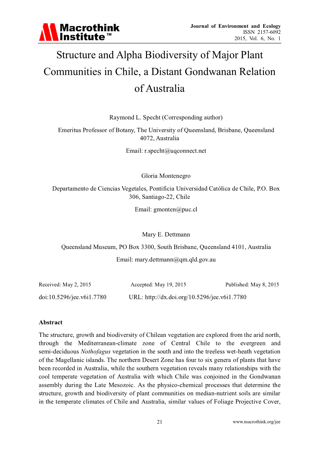 Structure and Alpha Biodiversity of Major Plant Communities in Chile, a Distant Gondwanan Relation of Australia