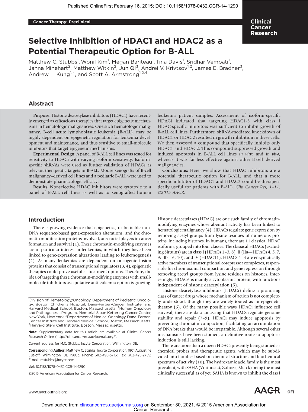 Selective Inhibition of HDAC1 and HDAC2 As a Potential Therapeutic Option for B-ALL Matthew C