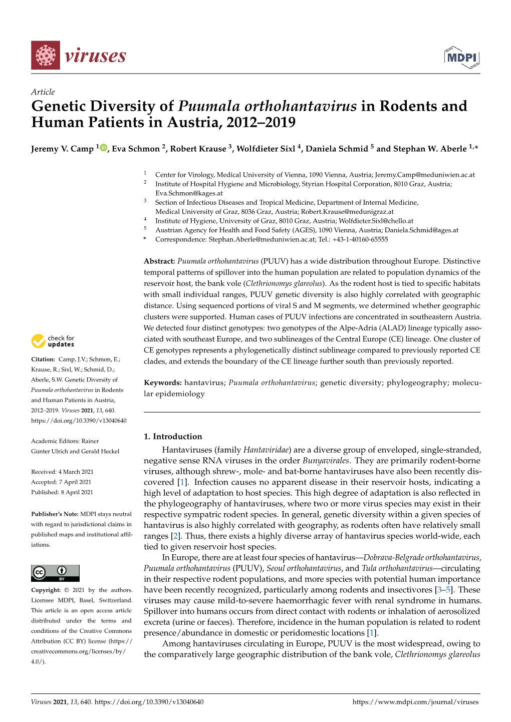 Genetic Diversity of Puumala Orthohantavirus in Rodents and Human Patients in Austria, 2012–2019