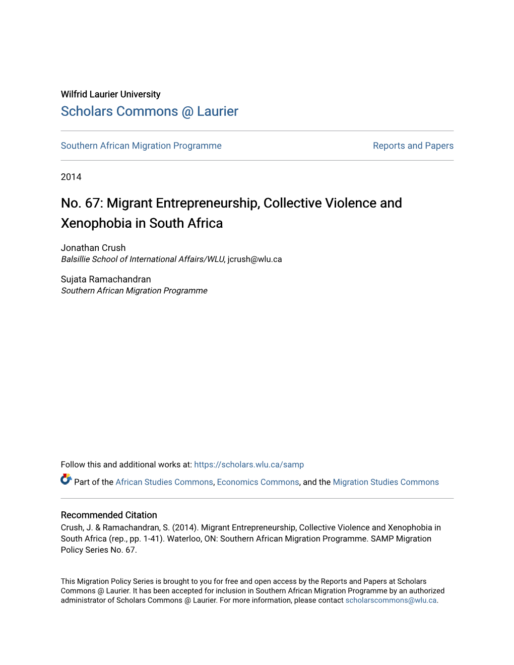 Migrant Entrepreneurship, Collective Violence and Xenophobia in South Africa