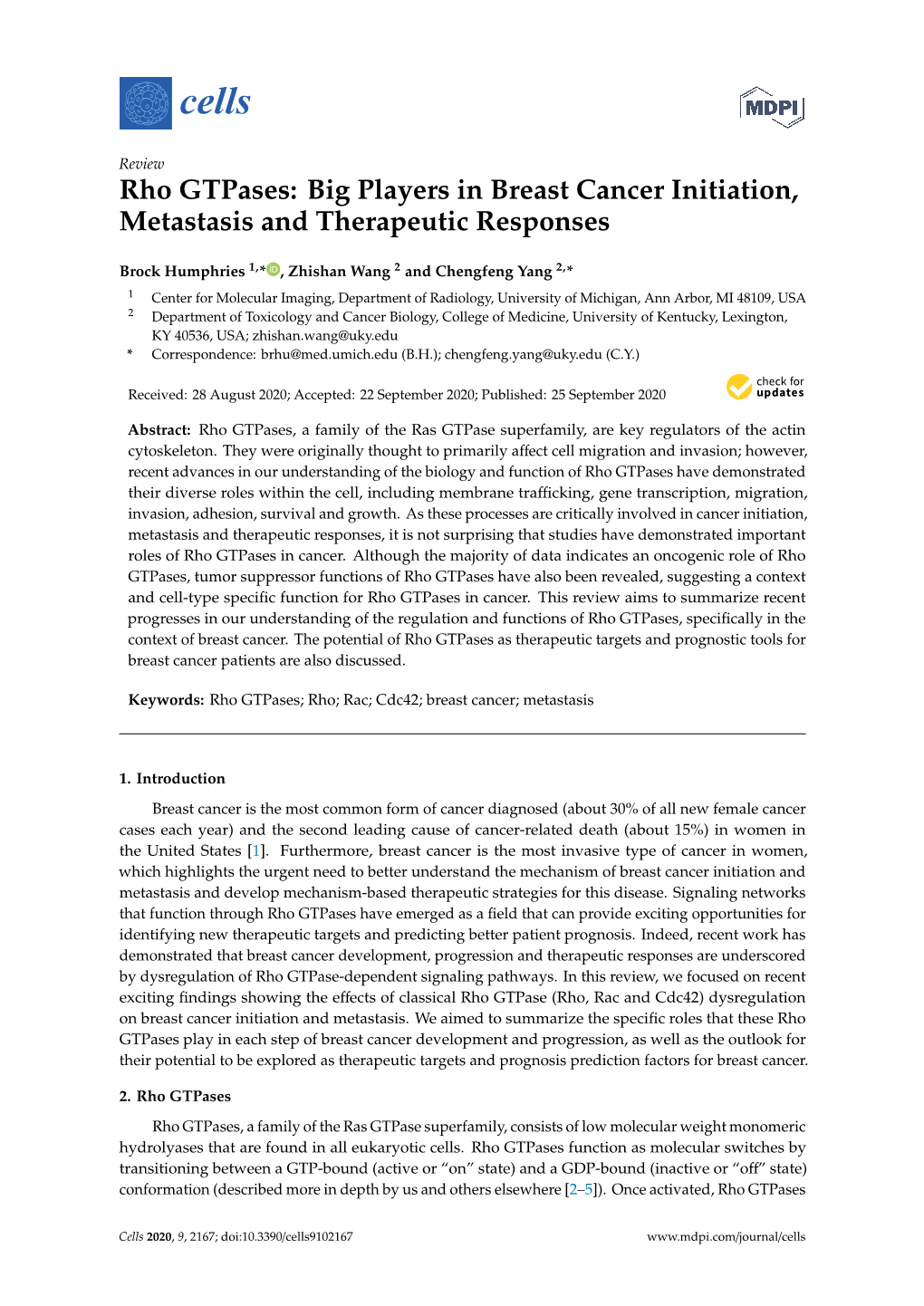 Rho Gtpases: Big Players in Breast Cancer Initiation, Metastasis and Therapeutic Responses