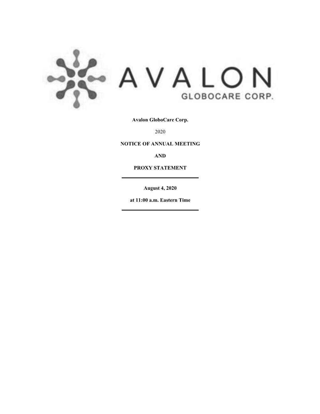 Avalon Globocare Corp. 2020 NOTICE of ANNUAL