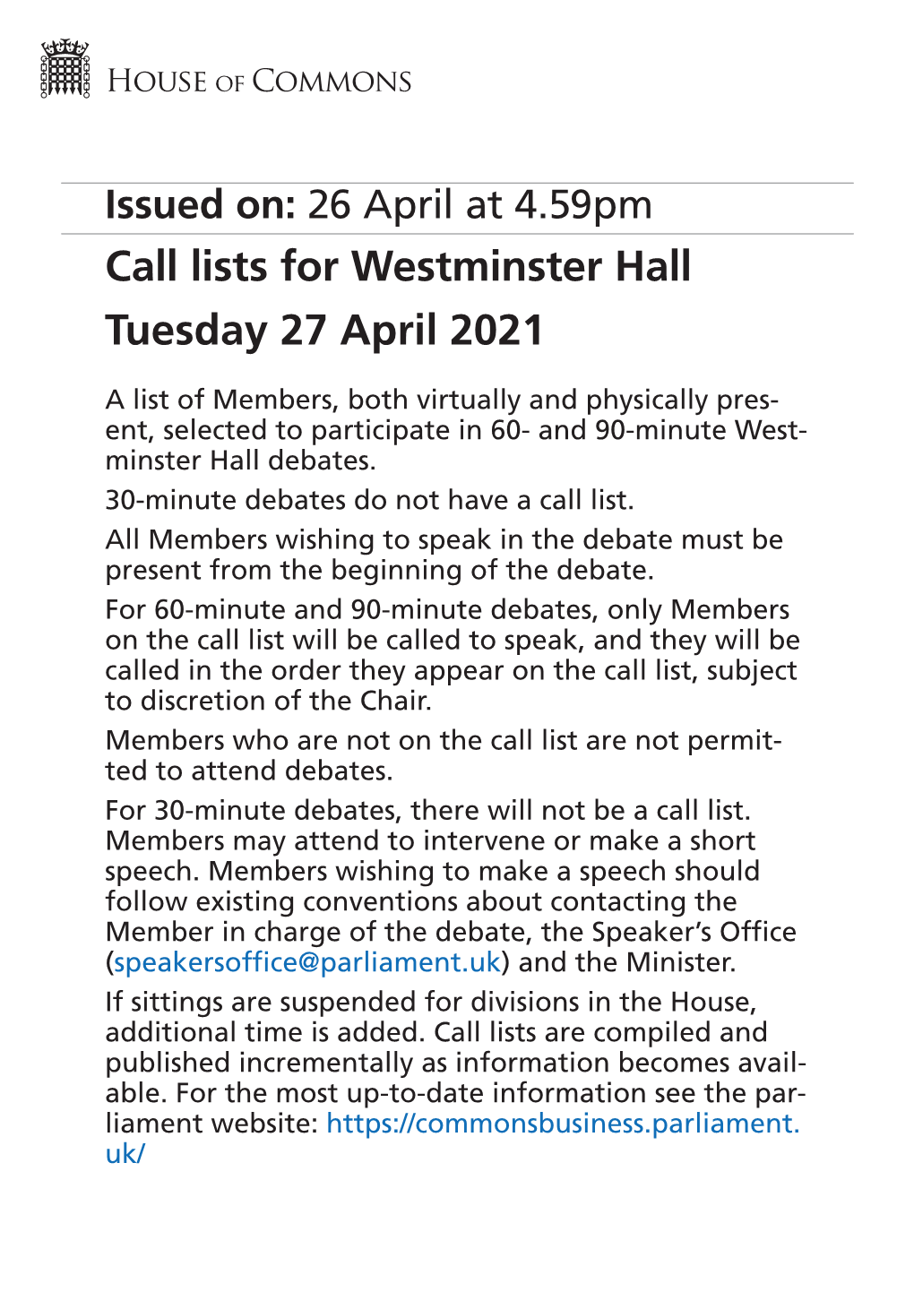 Westminster Hall Tuesday 27 April 2021
