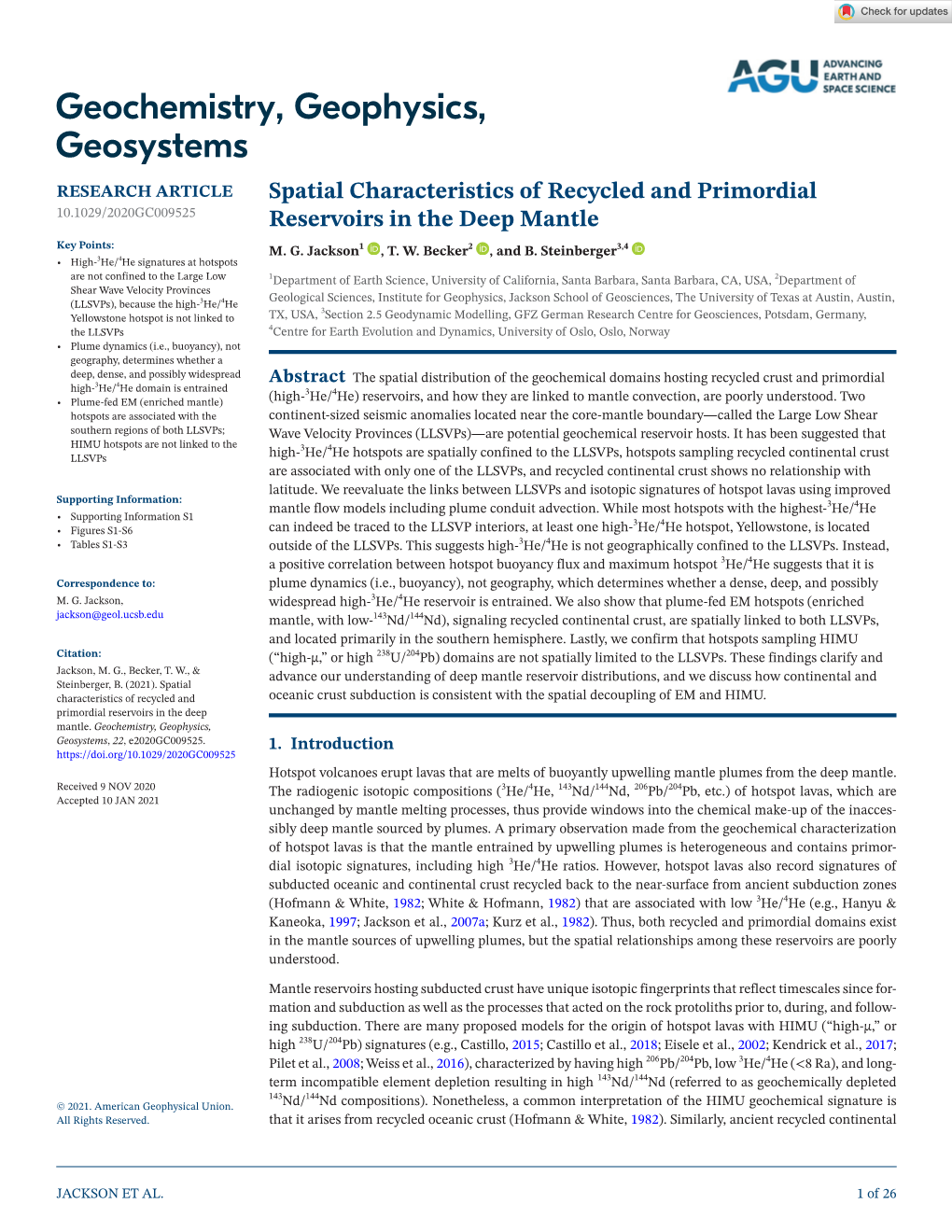 Becker, T. W., & Advance Our Understanding of Deep Mantle Reservoir Distributions, and We Discuss How Continental and Steinberger, B