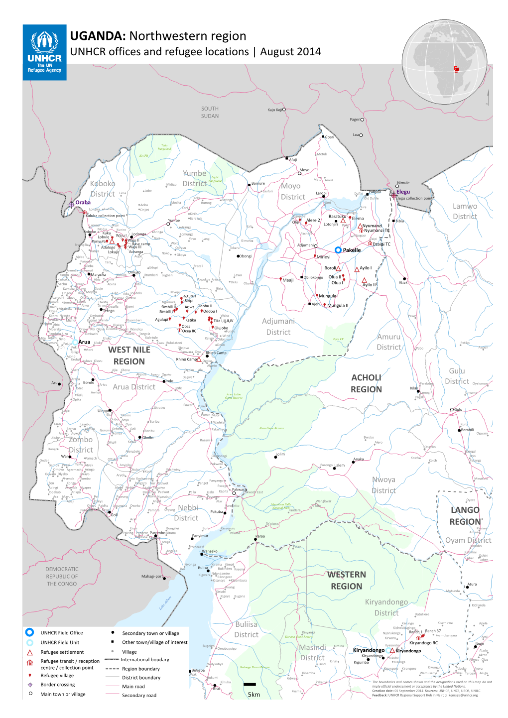UGANDA: Northwestern Region UNHCR Offices and Refugee Locations | August 2014