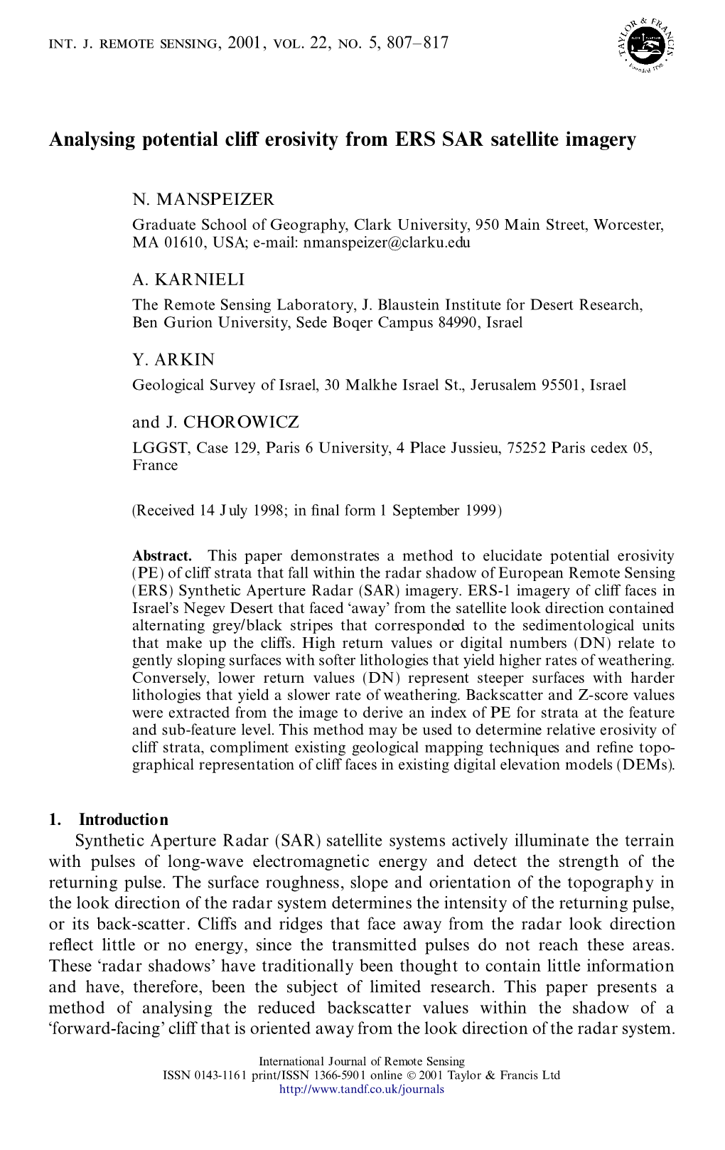 Analysing Potential Cliff Erosivity from ERS SAR Satellite Imagery