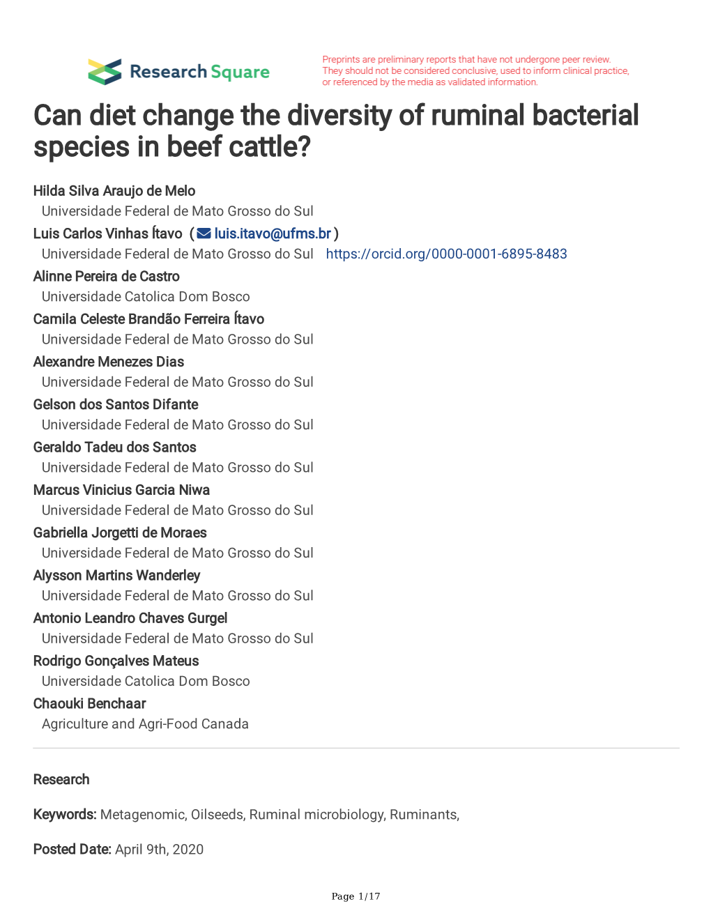 Can Diet Change the Diversity of Ruminal Bacterial Species in Beef Cattle?