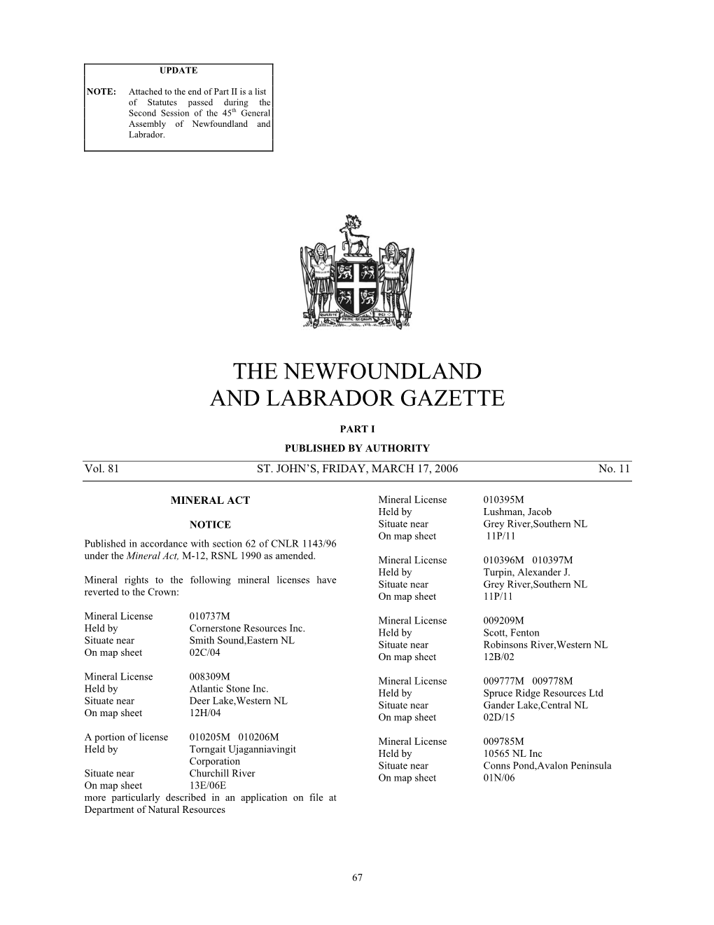 The Newfoundland and Labrador Gazette