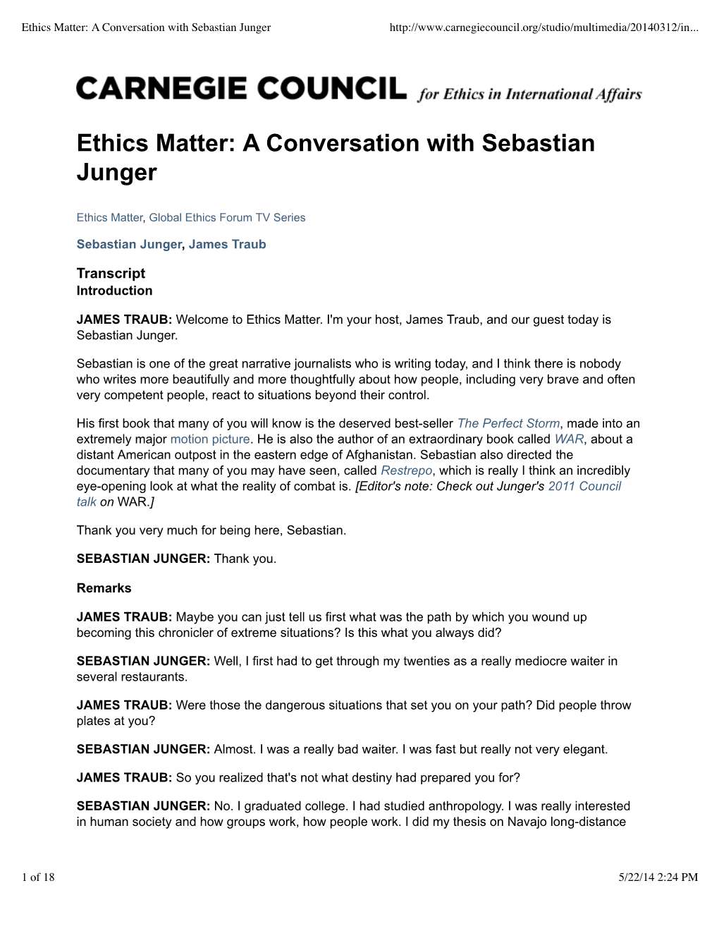 Ethics Matter: a Conversation with Sebastian Junger