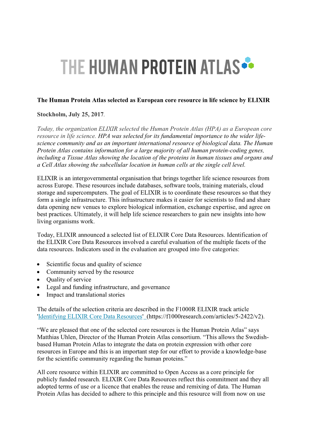 The Human Protein Atlas Selected As European Core Resource in Life Science by ELIXIR