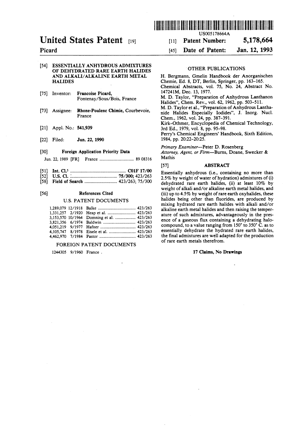 United States Patent (19) 11) Patent Number: 5,178,664 Picard 45) Date of Patent: Jan