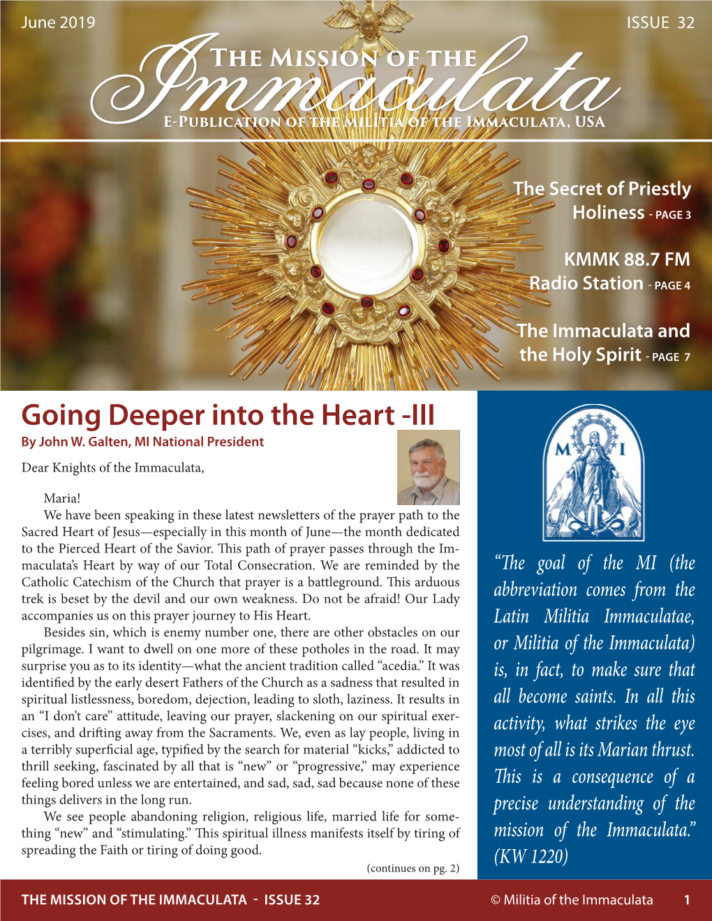 June 2019 ISSUE 32 the Mission of the IE-Publicationmmaculata of the Militia of the Immaculata, USA the Secret of Priestly Holiness - PAGE 3