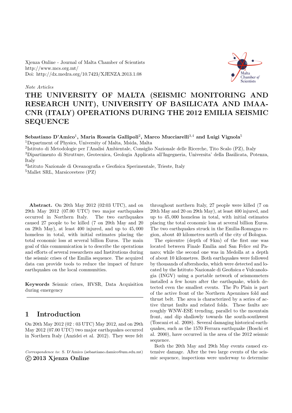 University of Basilicata and Imaa- Cnr (Italy) Operations During the 2012 Emilia Seismic Sequence