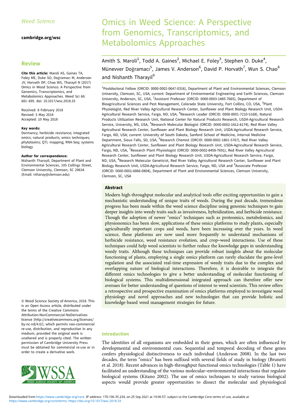 Omics in Weed Science: a Perspective from Genomics, Transcriptomics, and Cambridge.Org/Wsc Metabolomics Approaches