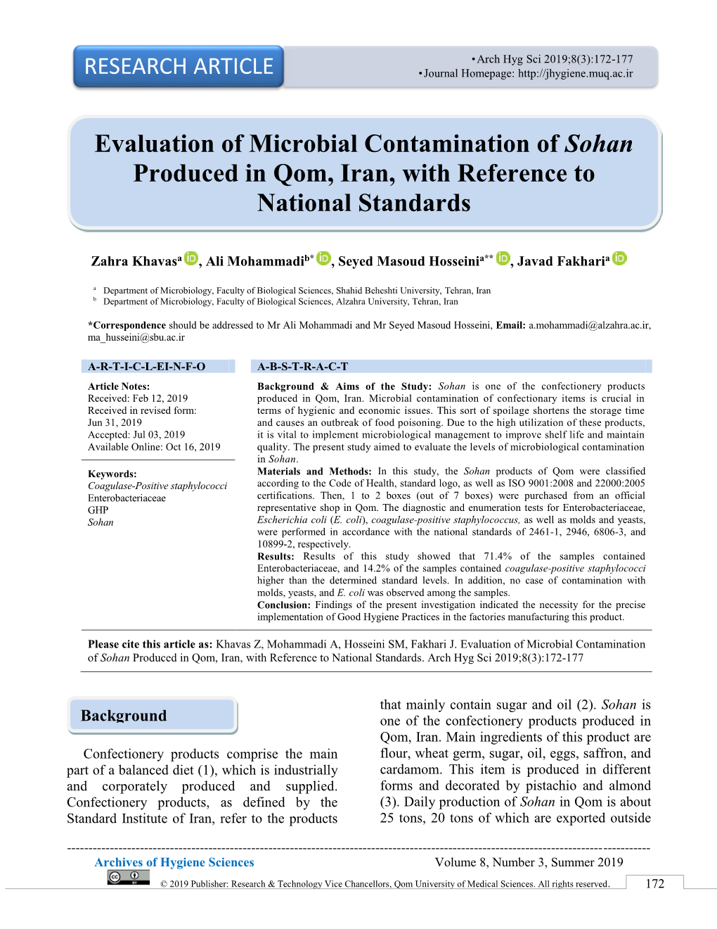 Evaluation of Microbial Contamination of Sohan Produced in Qom, Iran, with Reference to National Standards